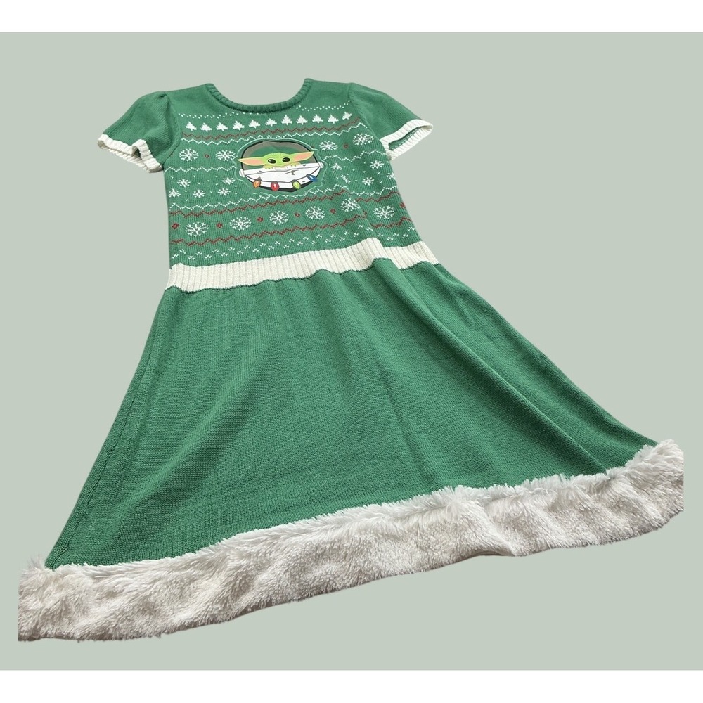 Star Wars Grogu Baby Yoda Holiday Sweater Dress Faux Fur Trim XL 14-16 Green